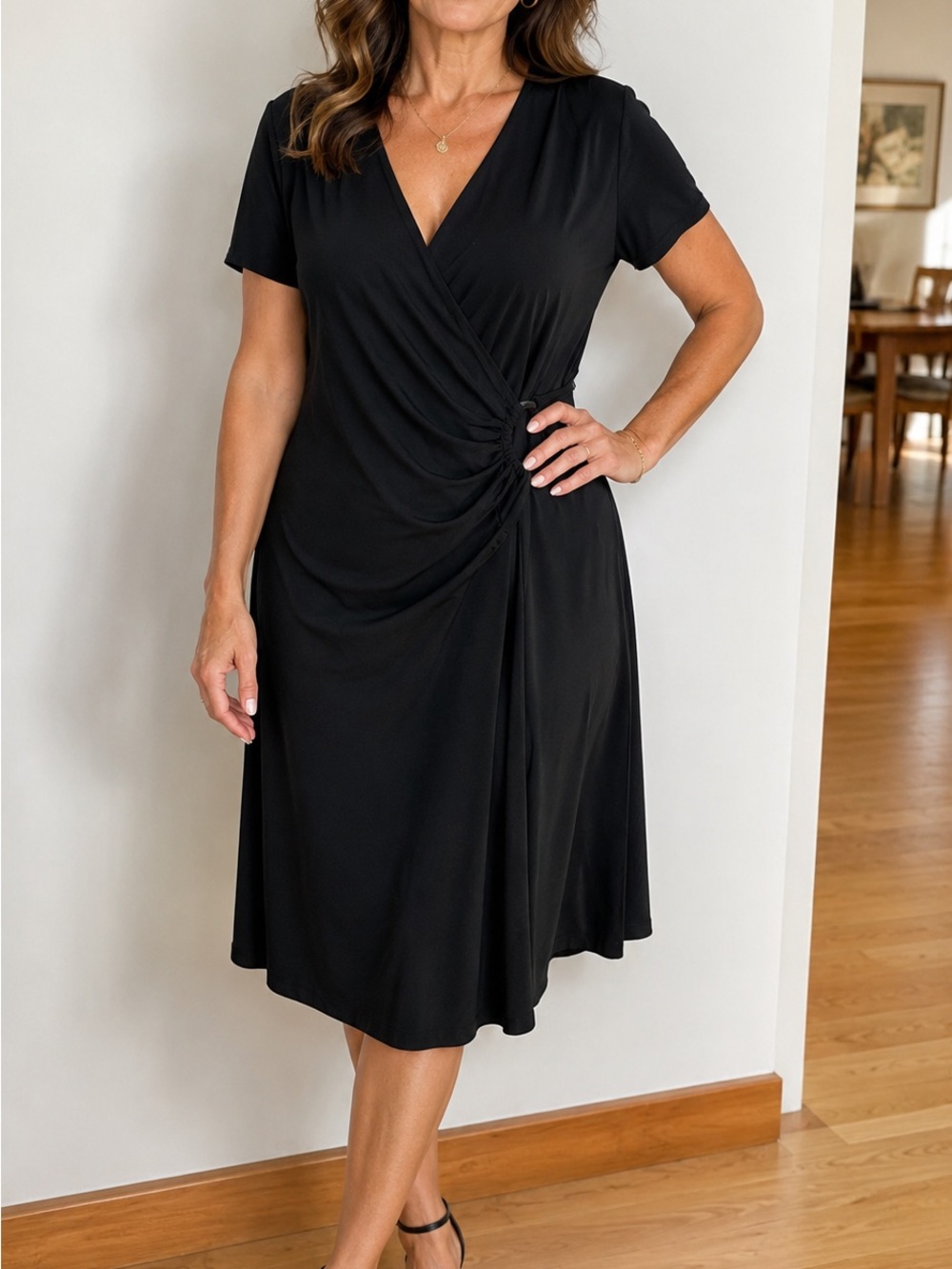 Jessica Black Faux-Wrap Short Sleeve Dress with Side Ruching